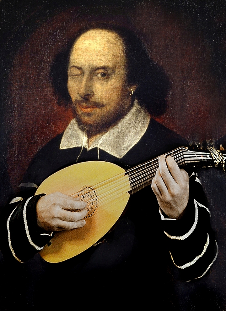 Shakespeare playing a lute A digitally altered portrait of Shakespeare holding a lute, with one eye closed, as if winking