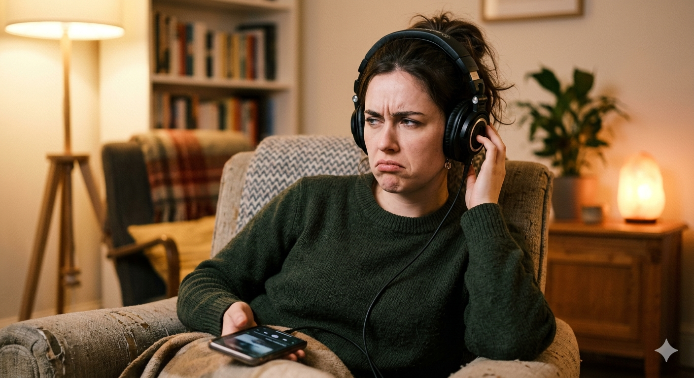 Unhappy listener AI generated image of woman with headphones looking as if she is not enjoying what he is listening to