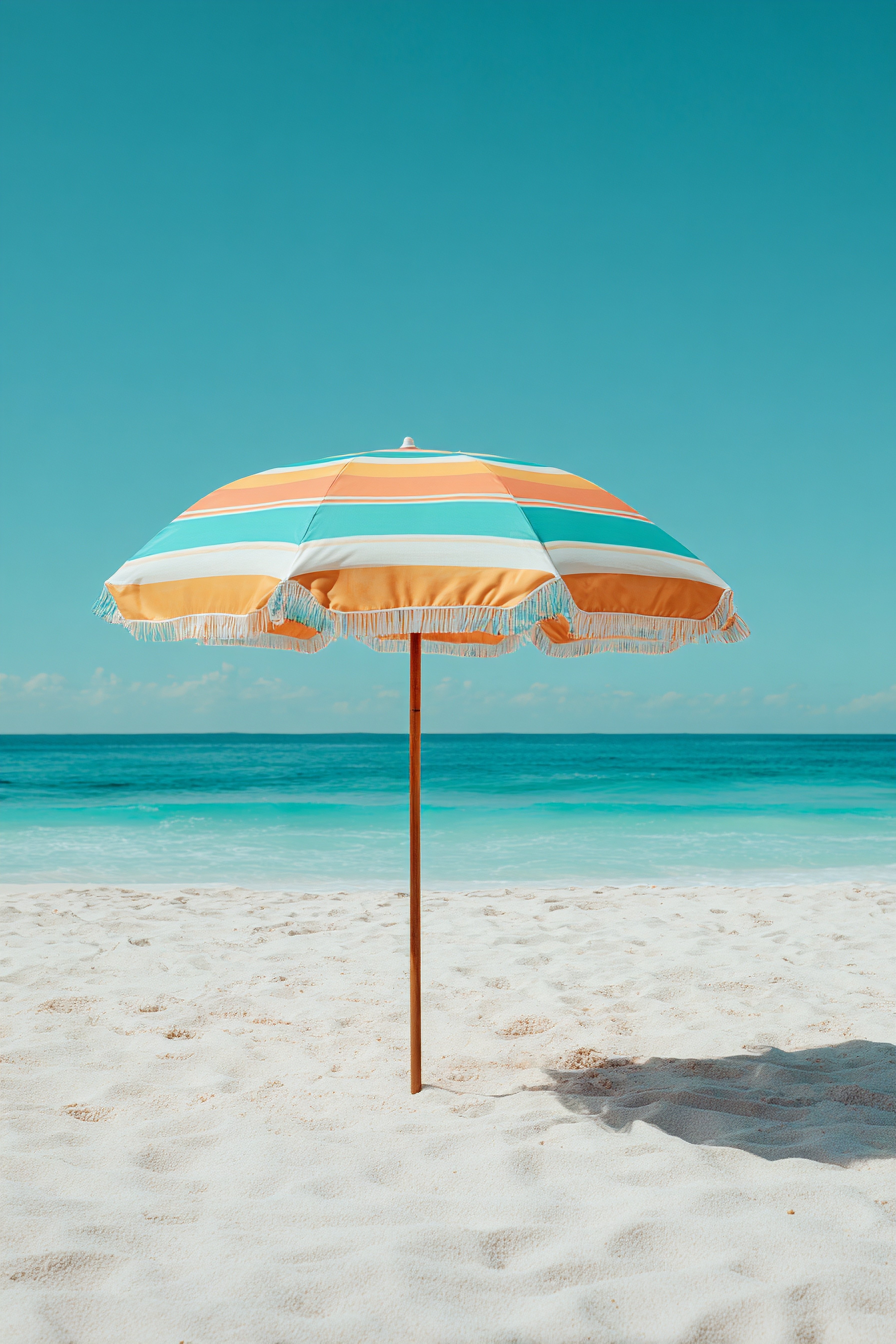 Umbrella on the Beach Image of large multi-coloured umbrella standing upright on a sandy beach